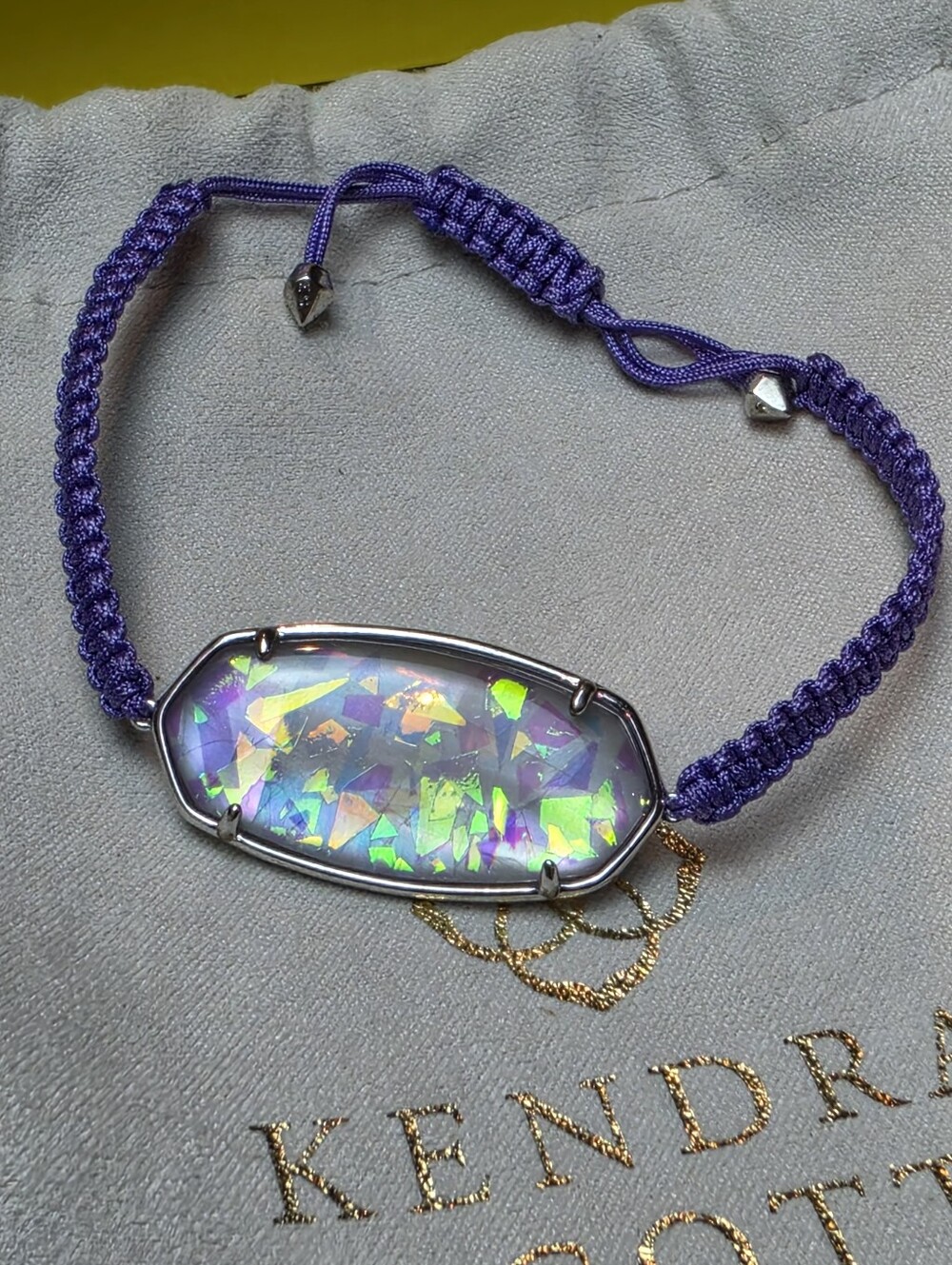 Kendra Scott‎ Elie Purple Braided Cord Friendship Bracelet Dichroic Glass Silver